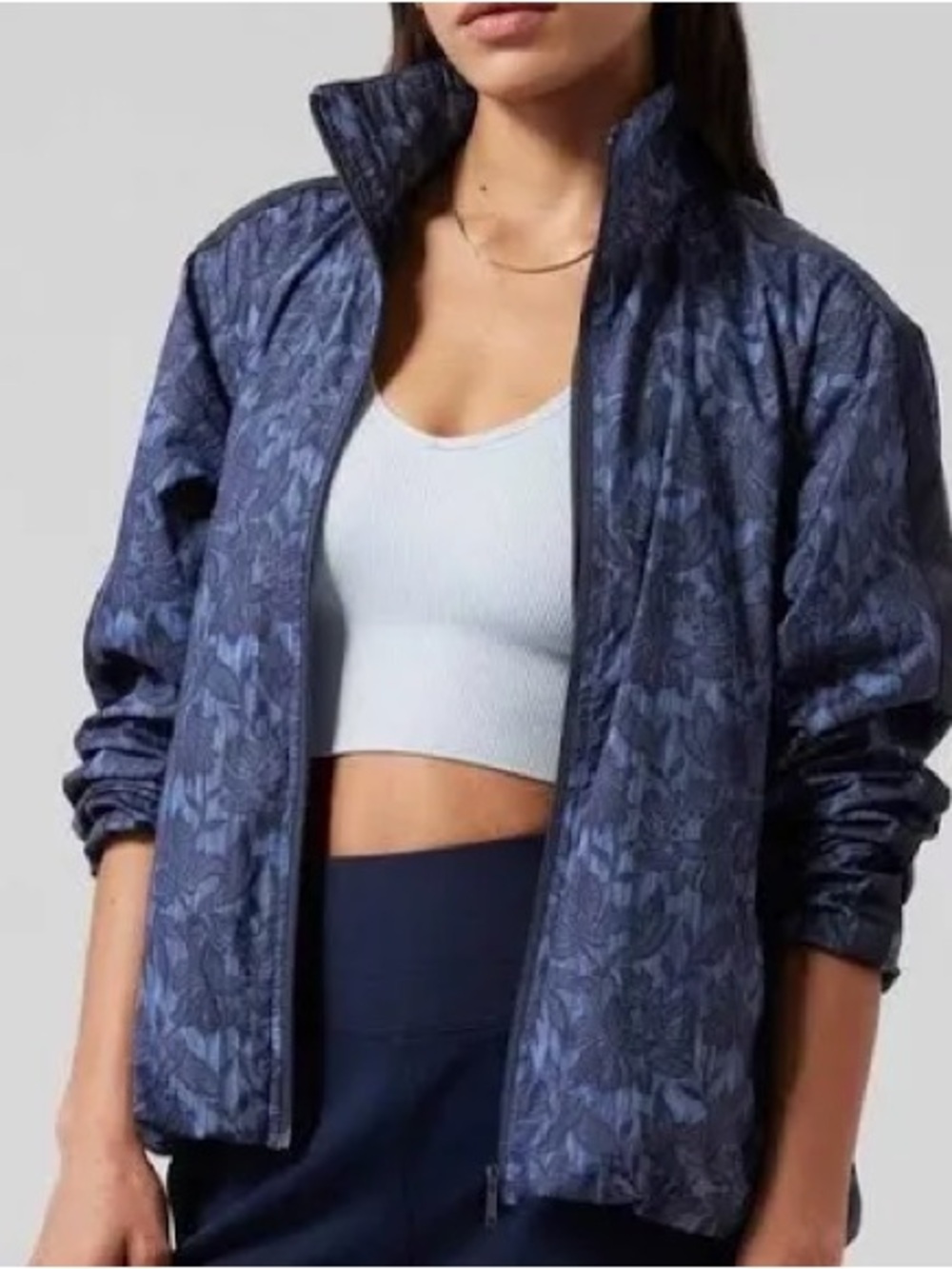 Athleta Sightseer Lace Jacket Blue Floral Zip Front Size Large